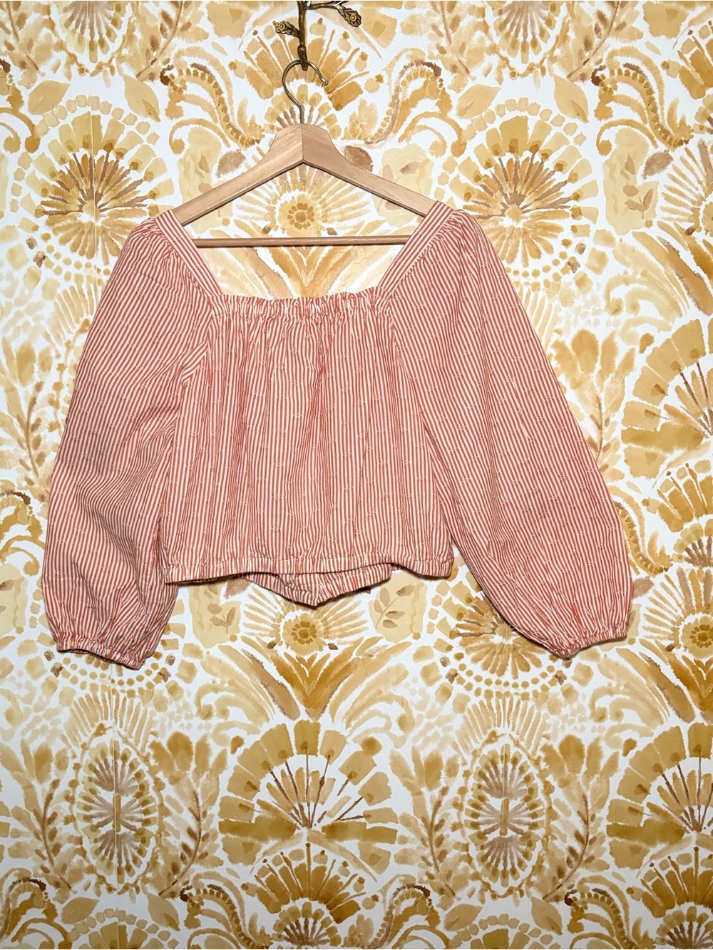 Madewell Coral Stripe Peasant Crop Top | Balloon Sleeve Boho Cottagecore Blouse - Picture 5 of 10